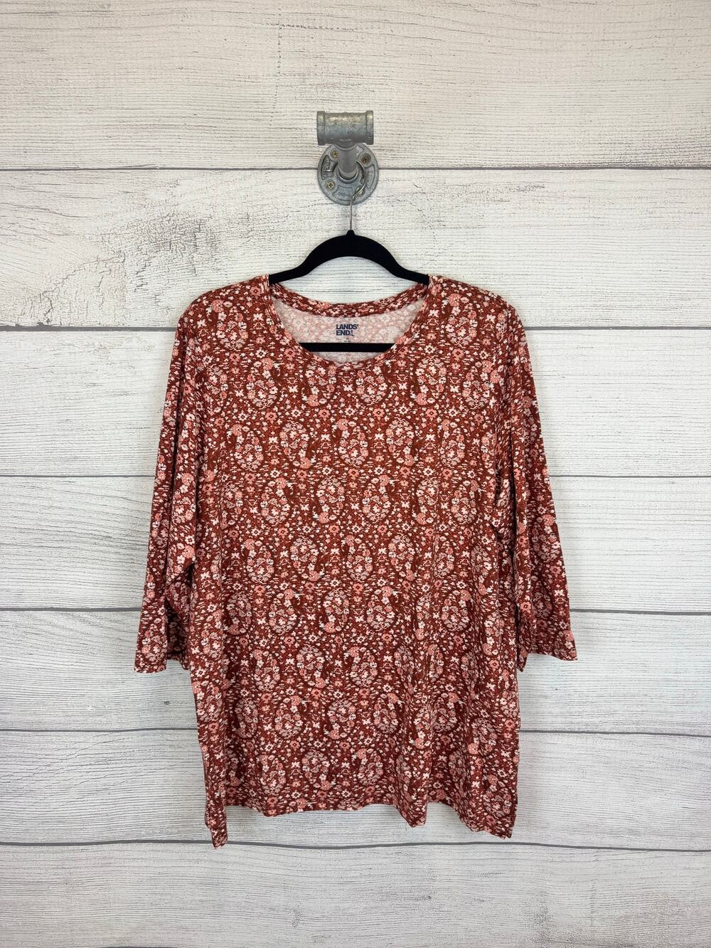 Lands End Plus Size Rust Floral Printed 3/4 Sleeve Tee Size 1X